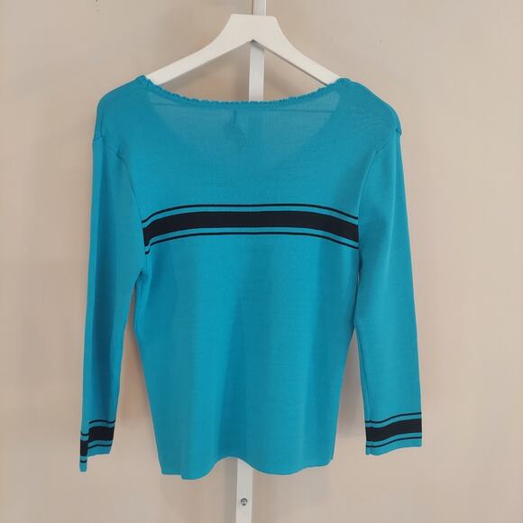 90s Y2K Teal Cardigan Vertical Stripe Beaded Accent Medium 3/4 Sleeve - Picture 5 of 7